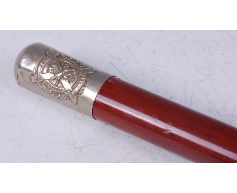 A military walking stick, having a malacca shaft and silver plated mount with London Scottish Regiment crest, 91cm.