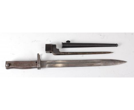 An Imperial German Ersatz (Emergency) bayonet, having a 31cm unmarked single edged fullered blade, steel muzzle ring and stee