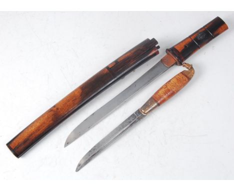 A 20th century Chinese Trousse set, to include a knife with 23cm single edged blade and wooden handle with applied Dragon mou