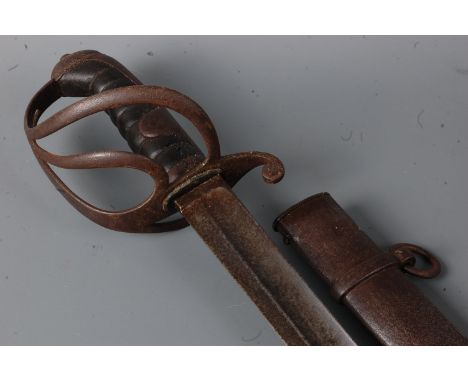 An 1822 pattern British Light Cavalry Trooper's sword, having an 89cm curved fullered blade with three bar hilt and leather b