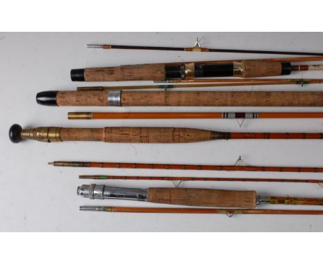An Alcocks Poluar 9' three piece split cane fly rod, together with an Edgar Seeley Black Arrow 2 float rod and various others