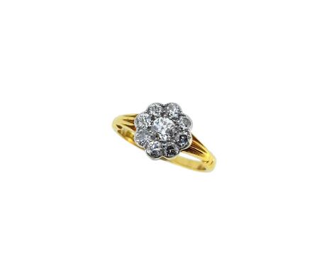 claw set old brilliant cut diamond, diameter 3.7mm, surrounded by eight partial rubover set old brilliant cut diamonds, estim