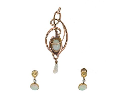 the pierced and flowing scroll design pendant with central oval cabochon opal, 9.3 x 6.6mm, estimated approximate weight 1.50