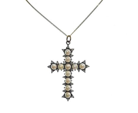 Gothic style cross set with eleven pearls, diamond border, jump ring bale, length including bale 4cm, width 2.6cm, unmarked, 