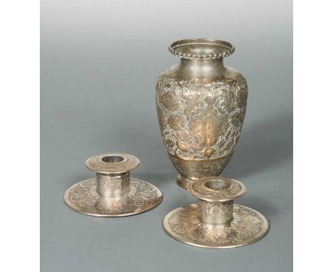 all with Farsi mark 84 indicating 875/1000 standard silver, and with Ghalam Zani decoration, the urn shaped vase with unident