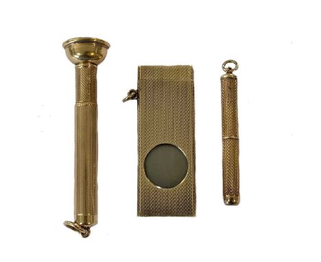 all decorated with hobnail style engine turned engraving; first, a pocket guillotine cigar cutter, mark of Kurt Weiss, London