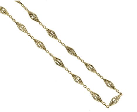 pierced navette shaped links, each separated by three connecting belcher style links, length 156cm, bolt ring clasp together 