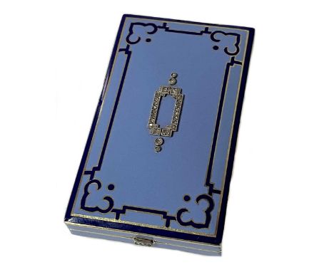 apparently unmarked, of rectangular form and decorated all over with lavender blue enamel with a decorative inner border and 