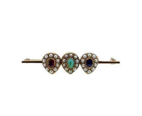 three central seed pearl and gemstone hearts, mounted to a flat bar, length 4.5cm, width 1.2cm, pin and revolver fitting, unm