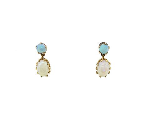 each with a claw set oval shaped cabochon opal, approximately 7 x 5mm, topped by a claw set round cabochon opal, diameter 4mm
