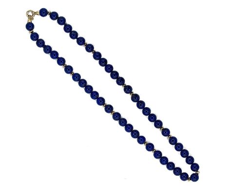 forty-nine round beads, approximate diameter 8.2mm, separated by plain yellow metal rondels, strung plain and knotted to a ye