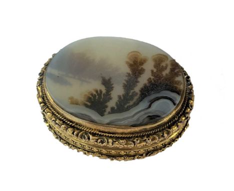 Birmingham, probably 1835, of oval form, the piano hinged cover lap set with a slice of dendritic 'scenic' agate, the natural