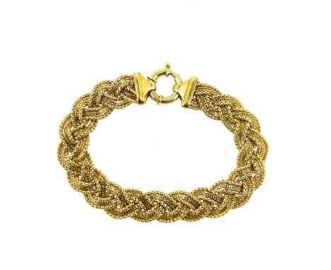 diamond cut mesh style plaited links, large bolt ring clasp, length including clasp 20cm, width 1.2cm, unhallmarked, stamped 