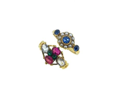 first, a late 20th century cluster ring, with a central round faceted sapphire surrounded by a border of seed pearls, flanked