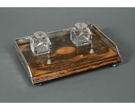 mark of Rupert Favell, London 1884, exotic wood base with satin wood inlay and pierced silver gallery, part marked two piece 
