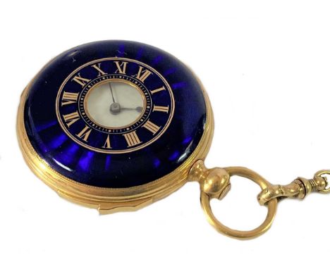 circa 1880, the outer cover in dark blue starburst guilloché enamel with gold coloured Roman numerals and gold coloured inner