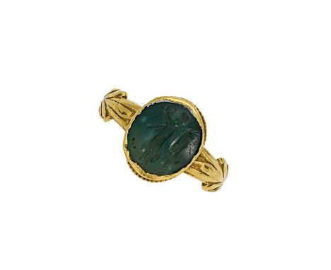 oval shaped intaglio, approximately 10 x 9mm, depicting a male figure, possibly 2nd-3rd century AD, later closed back setting
