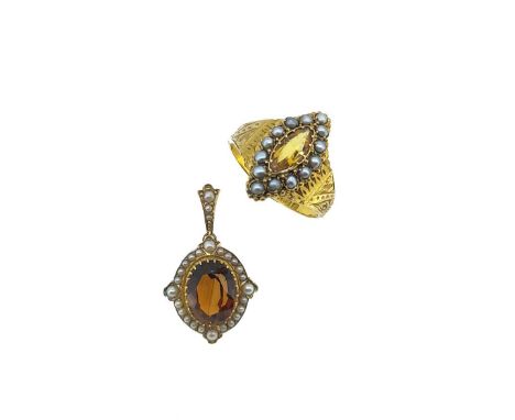 the ring, a marquise shaped cluster set with a marquise faceted citrine, 9.1 x 4.2mm, estimated approximate weight 0.50ct, su