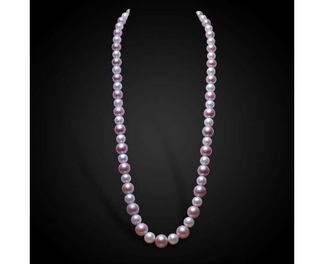 twenty-nine large pearls in delicate shades of light pink and white, diameter from 13.1 to 15mm, each separated by a smaller 