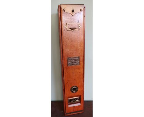 Light wood and brass mounted penny slot dispensing machine, Lockerby's Patent (16.5cm x 13cm x 81cm) 