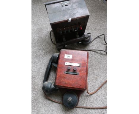 Vintage mahogany cased wall mounted telephone with bell and receiver and another similar Digtograph telephone system, Croydon