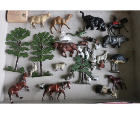 Selection of various Britains and other vintage metal animal and wildlife figures including rhino, elephant, trees etc 