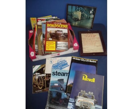 Selection of various Ian Allan publications, magazines etc including Vintage Road Side, framed print of a diesel locomotive, 