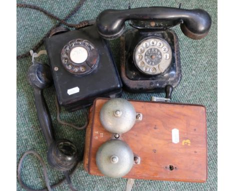 Vintage wall mounted wooden cased telephone marked GA22, another wall mounted Baker Light type vintage telephone and a Siemen