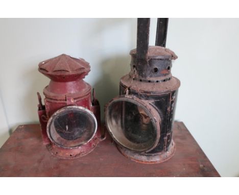 Railway hand lamp and another military issue 1944 railway lamp with coloured filters (2) 