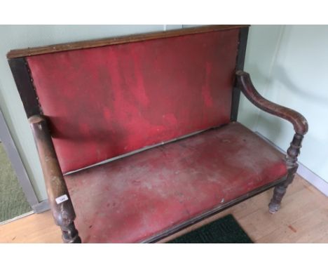 Victorian mahogany framed two seat waiting bench with upholstered seat and back on turned supports (130cm) 