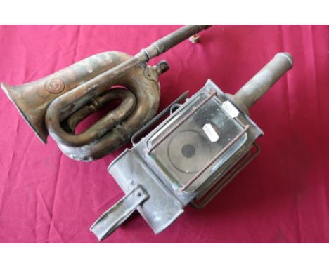 Vintage part car horn by Lucas King of The Road No. 33 and a horse carriage type lamp with bevelled glass panels (2) 