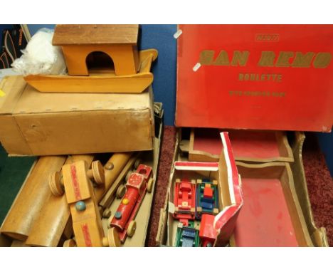 Wooden constructed model train racing car and various other items including a box Roulette Set, small wooden model trucks etc