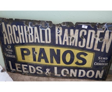 Vintage enamel advertising sign for Archibald Ramsden Pianos, Leeds and London (107cm x 61cm) 