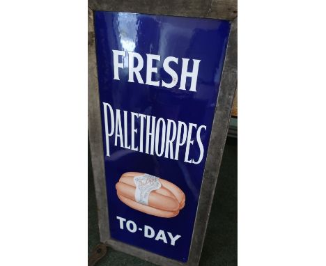 Vintage enamel advertising sign for Fresh Pale Thorpes Sausages To-Day, in original frame (44.5m x 98cm) 