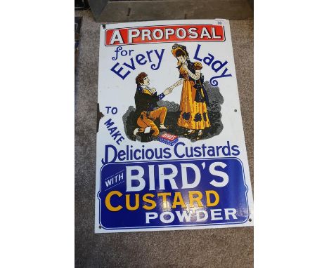 Enamel advertising sign for Birds Custard Powder 'A Proposal For Every Lady To Make Delicious Custard' (35cm x 52.5cm) 