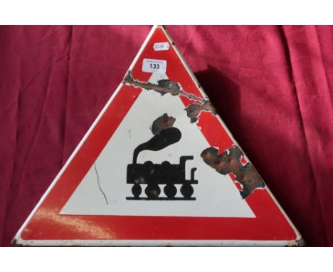 Enamel triangular train warning sign 