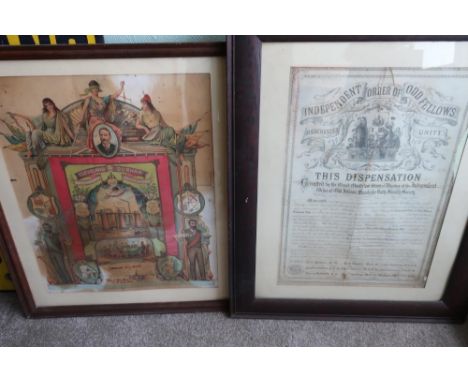 Framed poster for the Independent Order of Odd Fellows, Manchester Unity Dispensation relating to Lodge no.5993 and a framed 