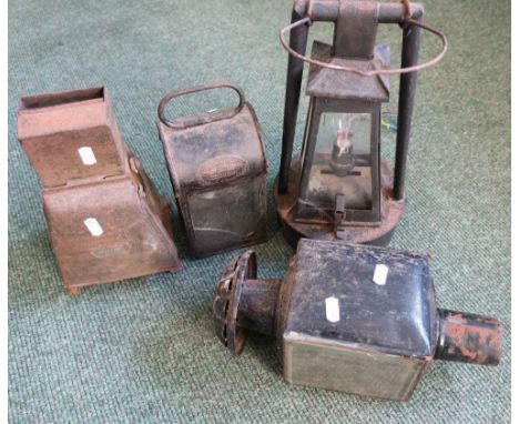 Sherwood Linley Ltd London and Birmingham hand lamp marked 1921, lamp marked The Refuelgent, a horse carriage type lamp and a