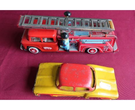 Tinplate STI fire engine and a tinplate car (2) 