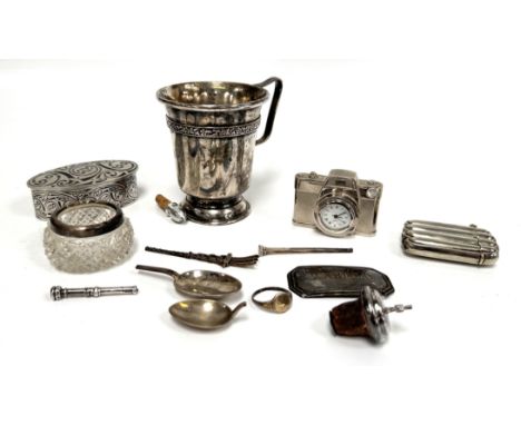 Silver and white metal, to include, salt with silver collar, scrap silver, novelty camera clock, vesta case, (A Lot).&nbsp;