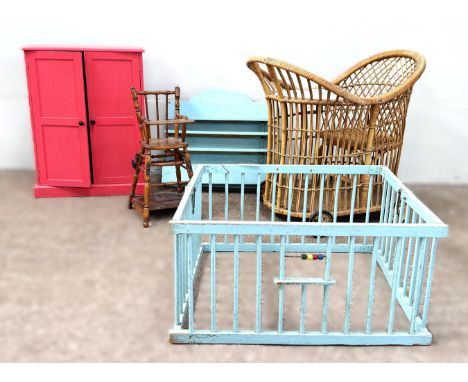 A vintage wicker child's push chair, along with toy wardrobe, metamorphic dolls chair, (A Lot)
