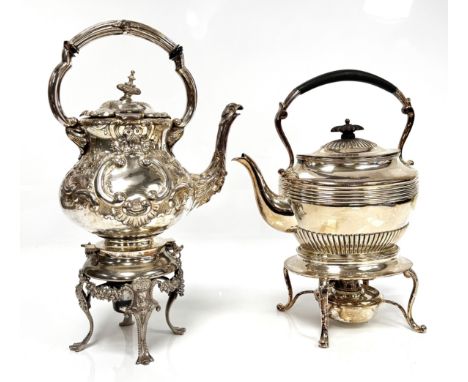 A Georgian style EPNS kettle on stand marked Wilson and Sharp, Edinburgh, 30 cm, and another rococo style kettle, (2).&nbsp;