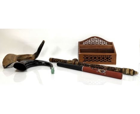 A Chinese relief resin opium pipe, 58 cm, also irons, stationary box, animal horn trumpet, (A Lot).