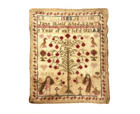 An unframed sampler depicting Adam and Eve next to the Tree of Knowledge, by Jane Shield 1821, 32 x 27 cm.&nbsp;