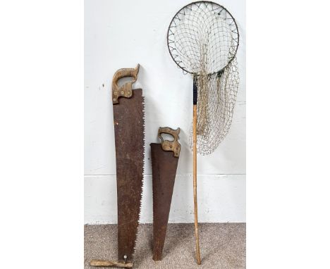 TOOLS, to include two vintage saws, larger 108 cm, also a net and flask, (A Lot).&nbsp;