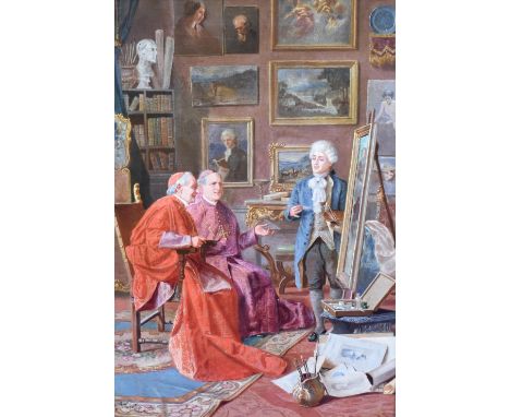 Renato Moretti (Italian 1863-1913) oil on canvas, 19th century interior scene, an artist with his Roman Catholic priest sitte