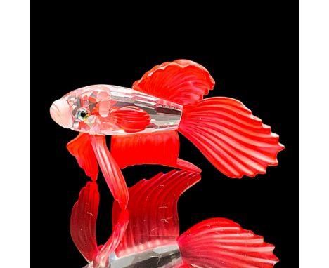 Sparkling faceted and molded crystal figurine modeled as a Siamese fighting fish with flowing red fins and blue-green eyes. S