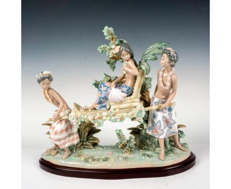 Limited edition glossy finish large tableau depicting three Hawaiian ladies with blossoms adorning their hair as two of them 