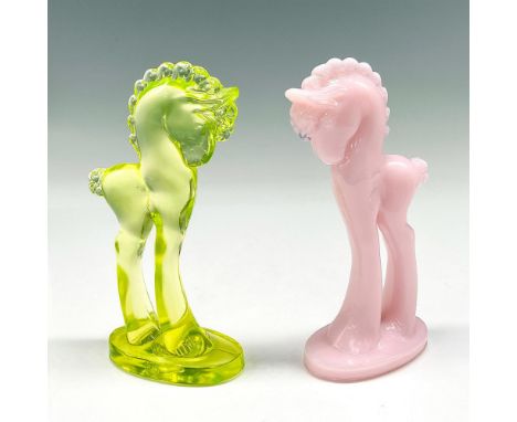 Includes yellow and pink glass horse with bent head and curled mane and short tail. M impressed mark. Issued: 20th centuryDim