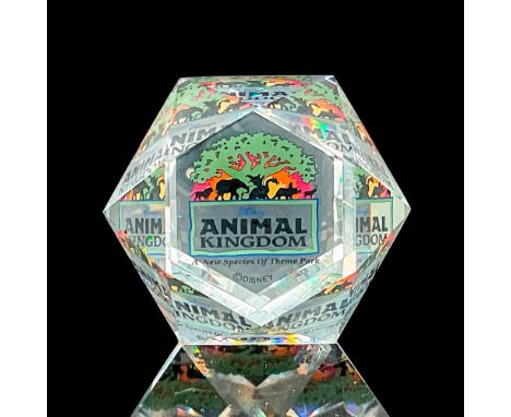 Multi-faceted geometric paperweight with Disney's Animal Kingdom Logo inside. This item has its original box which measures 4